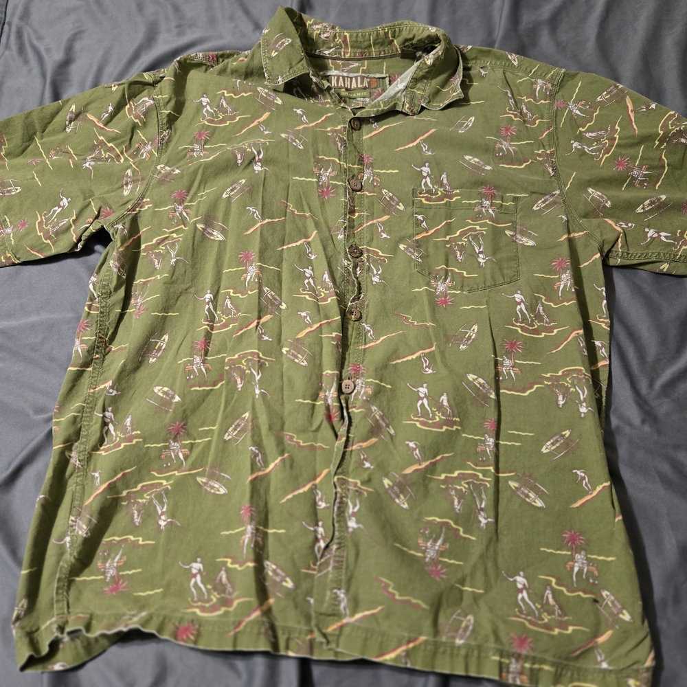 Kanala Olive Casual Pocket Button Up Shirt Mens Size Extra Large Surf Graphic